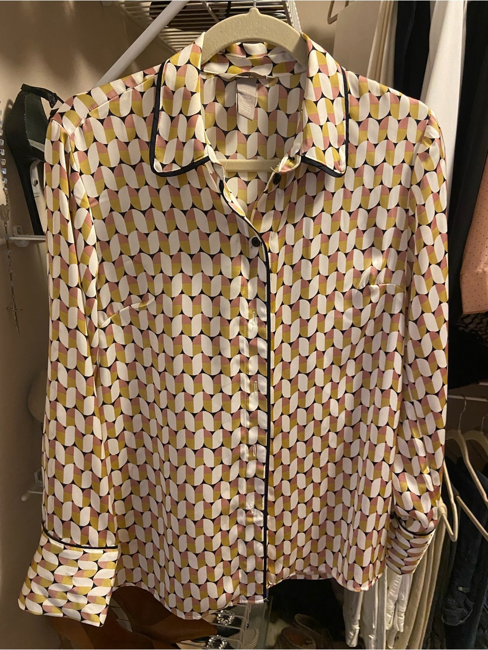 H&M Geometric Button-Front Blouse in Yellow, Pink & Cream